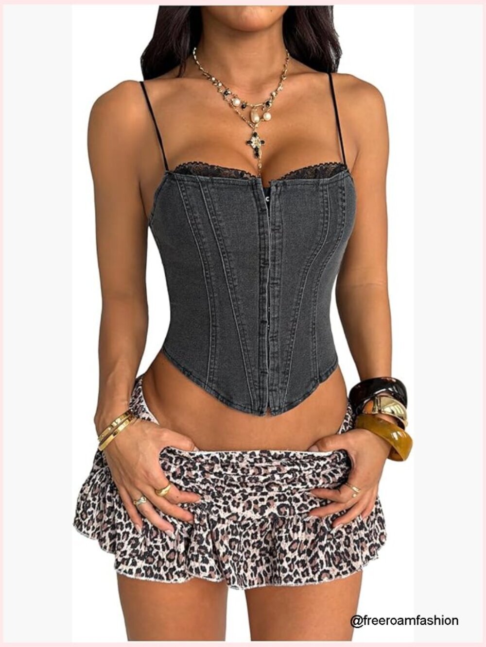 Y2K Denim Corset Spaghetti Strap Crop Top Lace Camisole